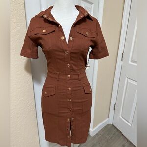 Haute Monde Brown Button-Front Mini Dress